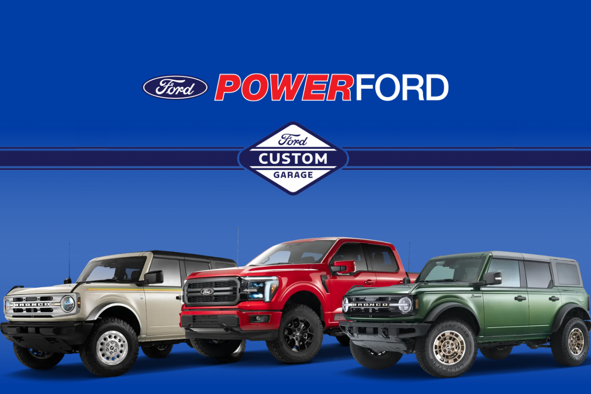 Ford Custom Garage vehicles with lifted designs and upgraded exteriors showcased at Power Ford in Albuquerque, New Mexico.